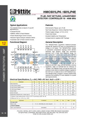 HMC601LP4 datasheet - 75 dB, FAST SETTLING, LOGARITHMIC DETECTOR / CONTROLLER 10 - 4000 MHz