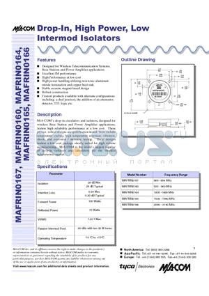 MAFRIN0165 datasheet - Drop-In, High Power, Low Intermod Isolators