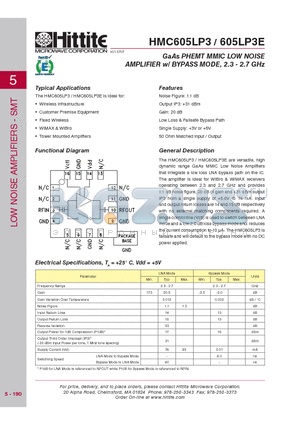 HMC605LP3E datasheet - GaAs PHEMT MMIC LOW NOISE AMPLIFIER w/ BYPASS MODE, 2.3 - 2.7 GHz