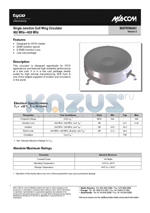 MAFRIN0461 datasheet - Single Junction Gull Wing Circulator 902 MHz-928 MHz