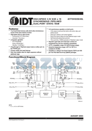 IDT70V9349L7PFI datasheet - HIGH-SPEED 3.3V 8/4K x 18 SYNCHRONOUS PIPELINED DUAL-PORT STATIC RAM