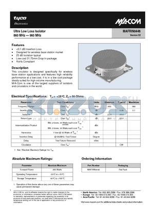 MAFRIN0448 datasheet - Ultra Low Loss Isolator 860 MHz - 960 MHz