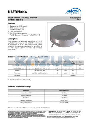 MAFRIN0496 datasheet - Single Junction Gull Wing Circulator 950 MHz-956 MHz