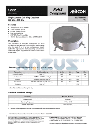 MAFRIN0494 datasheet - Single Junction Gull Wing Circulator 860 MHz-960 MHz