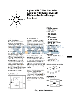 MAG-725M4 datasheet - Agilent MGA-725M4 Low Noise Amplifier with Bypass Switch In Miniature Leadless Package