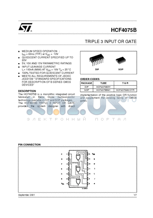 HCF4075BM1 datasheet - TRIPLE 3 INPUT OR GATE