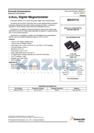 MAG3110FCR2 datasheet - 3-Axis, Digital Magnetometer