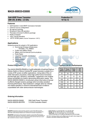 MAGX-000035-SB1PPR datasheet - GaN HEMT Power Transistor 30W CW, 30 MHz - 3.5 GHz