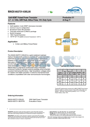 MAGX-002731-030L00 datasheet - GaN HEMT Pulsed Power Transistor 2.7 - 3.1 GHz, 30W Peak, 500us Pulse, 10% Duty Cycle