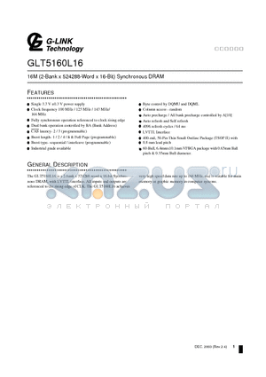 GLT5160L16-8TC datasheet - 16M (2-Bank x 524288-Word x 16-Bit) Synchronous DRAM