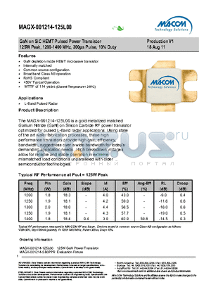 MAGX-001214-125L00 datasheet - GaN on SiC HEMT Pulsed Power Transistor 125W Peak, 1200-1400 MHz, 300ls Pulse, 10% Duty