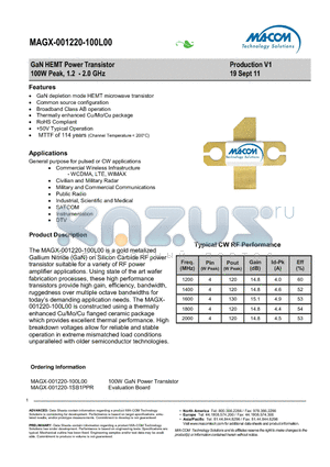 MAGX-001220-100L00 datasheet - GaN HEMT Power Transistor 100W Peak, 1.2 - 2.0 GHz