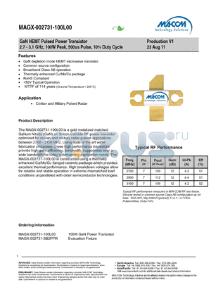 MAGX-002731-SB2PPR datasheet - GaN HEMT Pulsed Power Transistor 2.7 - 3.1 GHz, 100W Peak, 500us Pulse, 10% Duty Cycle
