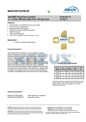 MAGX-003135-SB1PPR datasheet - GaN HEMT Pulsed Power Transistor 3.1 - 3.5 GHz, 30W Peak, 500us Pulse, 10% Duty Cycle