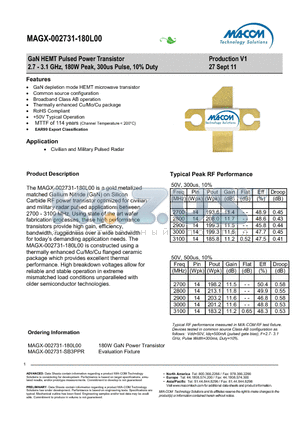 MAGX-002731-SB3PPR datasheet - GaN HEMT Pulsed Power Transistor 2.7 - 3.1 GHz, 180W Peak, 300us Pulse, 10% Duty