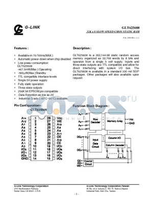 GLT625608-10J3 datasheet - 32K x 8 SLOW SPEED CMOS STATIC RAM