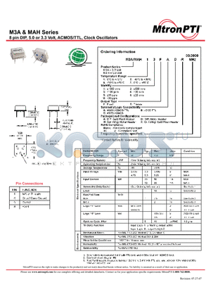 MAH datasheet - 8 pin DIP, 5.0 or 3.3 Volt, ACMOS/TTL, Clock Oscillators