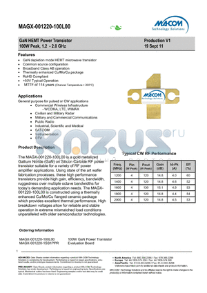 MAGX-001220-1SB1PPR datasheet - GaN HEMT Power Transistor 100W Peak, 1.2 - 2.0 GHz