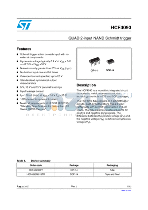 HCF4093 datasheet - QUAD 2-input NAND Schmidt trigger