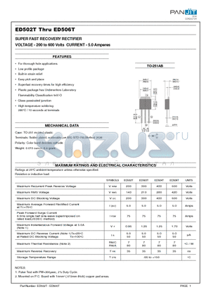 ED502T datasheet - SUPER FAST RECOVERY RECTIFIER(VOLTAGE - 200 to 600 Volts CURRENT - 5.0 Amperes)