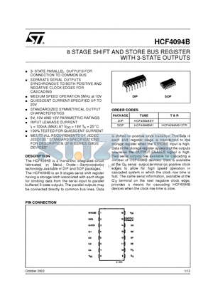 HCF4094B datasheet - 8 STAGE SHIFT AND STORE BUS REGISTER WITH 3-STATE OUTPUTS
