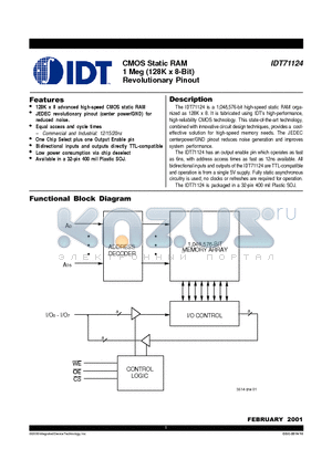 IDT71124S12Y datasheet - CMOS Static RAM 1 Meg (128K x 8-Bit) Revolutionary Pinout