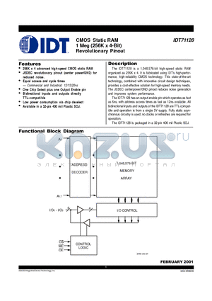 IDT71128S15YI datasheet - CMOS Static RAM 1 Meg (256K x 4-Bit) Revolutionary Pinout