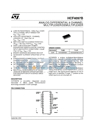 HCF4097B datasheet - ANALOG DIFFERENTIAL 8 CHANNEL MULTIPLEXER/DEMULTIPLEXER