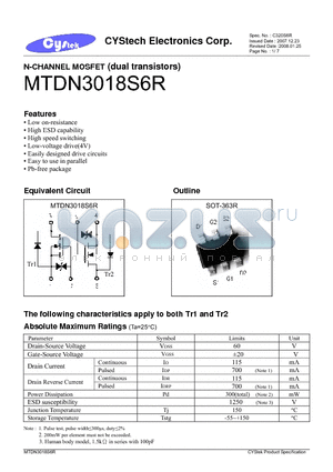 MTDN3018S6R datasheet - N-CHANNEL MOSFET (dual transistors)