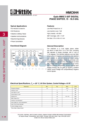HMC644_09 datasheet - GaAs MMIC 5-BIT DIGITAL PHASE SHIFTER, 15 - 18.5 GHz