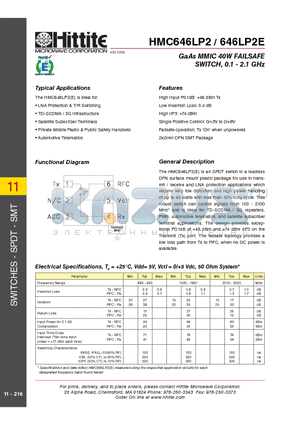HMC646LP2 datasheet - GaAs MMIC 40W FAILSAFE SWITCH, 0.1 - 2.1 GHz