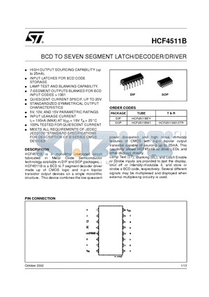 HCF4511BM1 datasheet - BCD TO SEVEN SEGMENT LATCH/DECODER/DRIVER