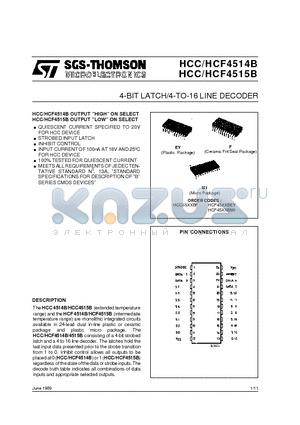 HCF4515B datasheet - 4-BIT LATCH/4-TO-16 LINE DECODER