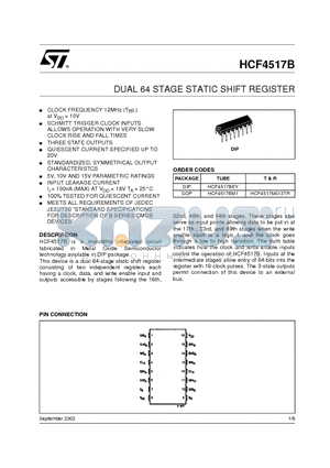 HCF4517B datasheet - DUAL 64 STAGE STATIC SHIFT REGISTER