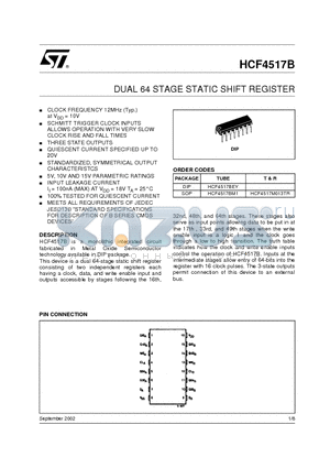 HCF4517M013TR datasheet - DUAL 64 STAGE STATIC SHIFT REGISTER