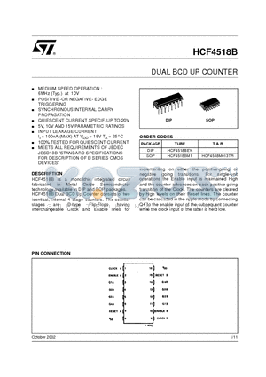 HCF4518M013TR datasheet - DUAL BCD UP COUNTER