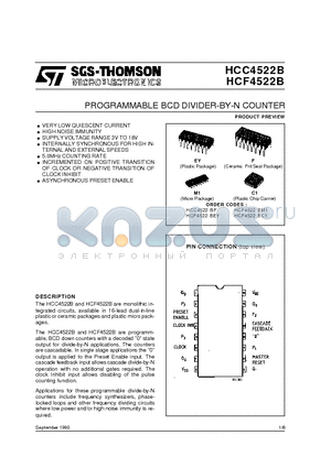 HCF4522B datasheet - PROGRAMMABLE BCD DIVIDER-BY-N COUNTER