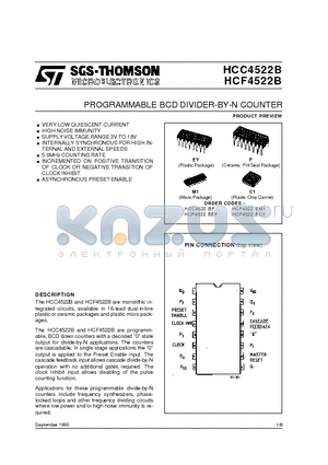 HCF4522BC1 datasheet - PROGRAMMABLE BCD DIVIDER-BY-N COUNTER