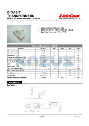 LAF0026 datasheet - GIGABIT TRANSFORMERS FOR DUAL PORT MAGNETIC MODULE