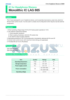 LAG665 datasheet - IC for Headphone Stereos Monolithic IC LAG 665