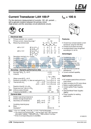 LAH100-P datasheet - Current Transducer LAH 100-P