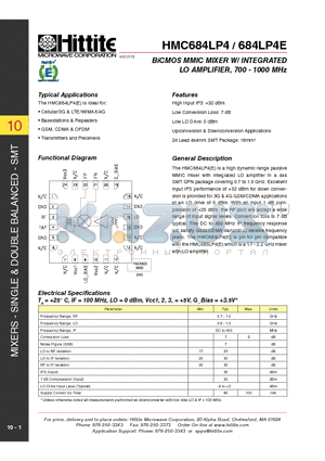 HMC684LP4 datasheet - BiCMOS MMIC MIXER W/ INTEGRATED LO AMPLIFIER, 700 - 1000 MHz