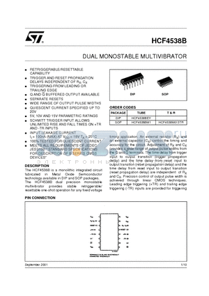 HCF4538M013TR datasheet - DUAL MONOSTABLE MULTIVIBRATOR