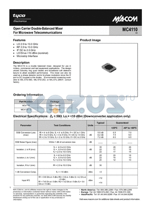 MC4110-2 datasheet - Open Carrier Double-Balanced Mixer For Microwave Telecommunications