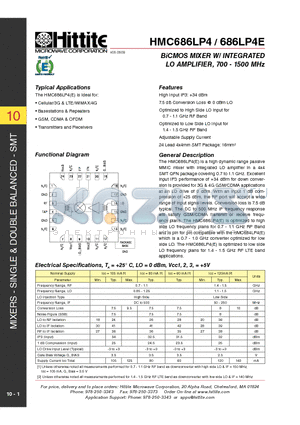 HMC686LP4 datasheet - BiCMOS MIXER W/ INTEGRATED LO AMPLIFIER, 700 - 1500 MHz