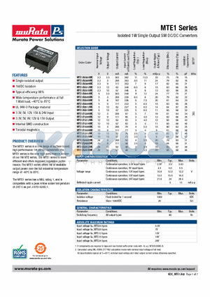 MTE1S0303MC datasheet - Isolated 1W Single Output SM DC/DC Converters