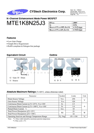 MTE1K8N25J3 datasheet - N -Channel Enhancement Mode Power MOSFET