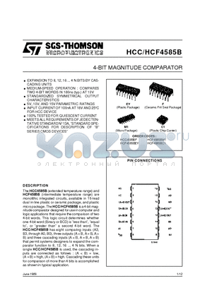 HCF4585BC1 datasheet - 4-BIT MAGNITUDE COMPARATOR