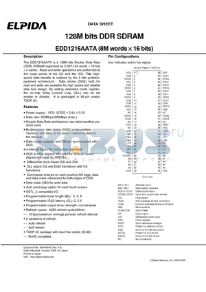 EDD1216AATA-6B-E datasheet - 128M bits DDR SDRAM (8M words x 16 bits)