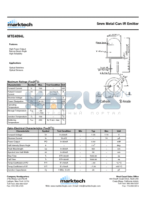 MTE4094L datasheet - 5mm Metal Can IR Emitter